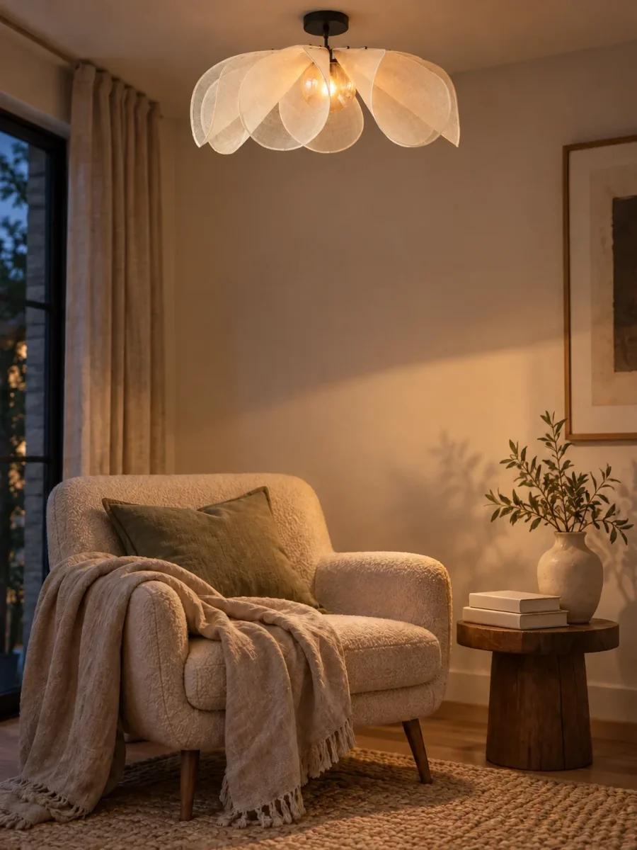 Pendelleuchte mit überlappenden Stoffblättern für Leseecke, Wohnzimmer und Esstisch – E27, Ø 50 oder 60 cm, 3 Lichtfarben